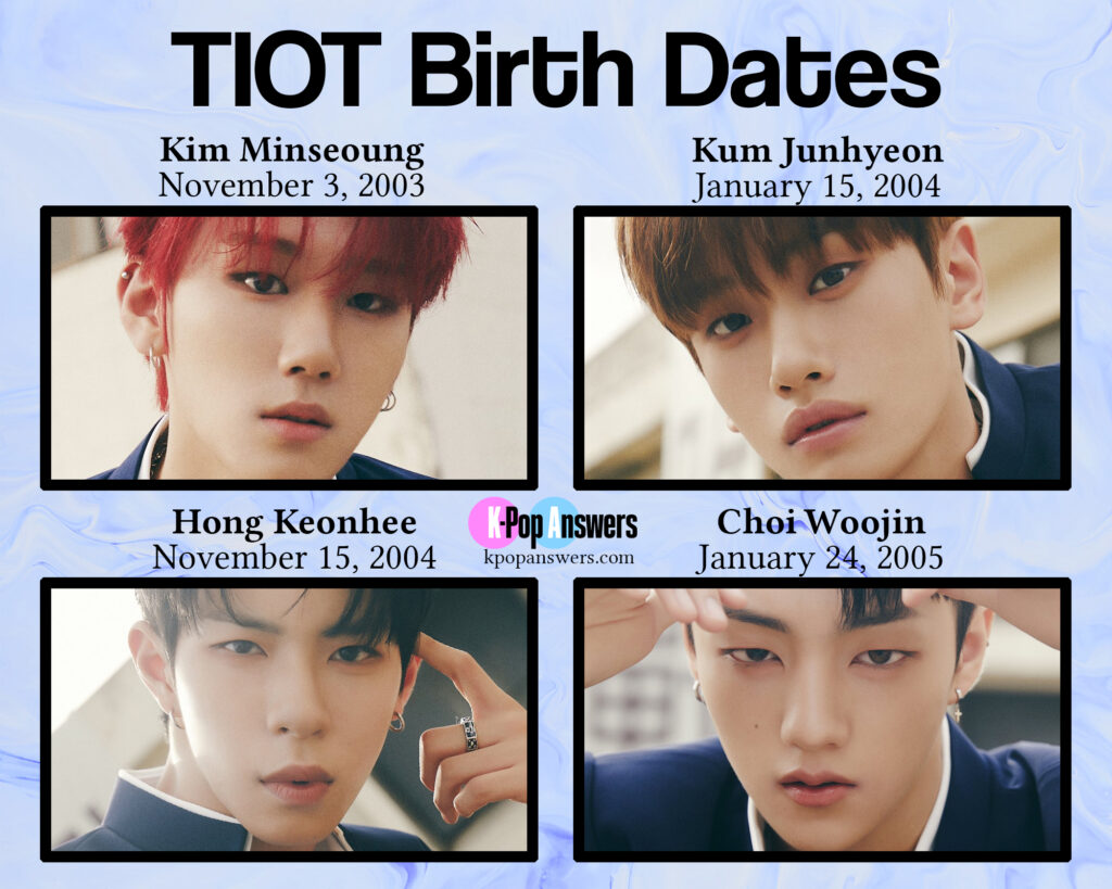 how old are TIOT members age birthday birth date Kim Minseoung, Kum Junhyeon, Hong Keonhee, and Choi Woojin Redstart ENM K-pop boy group
