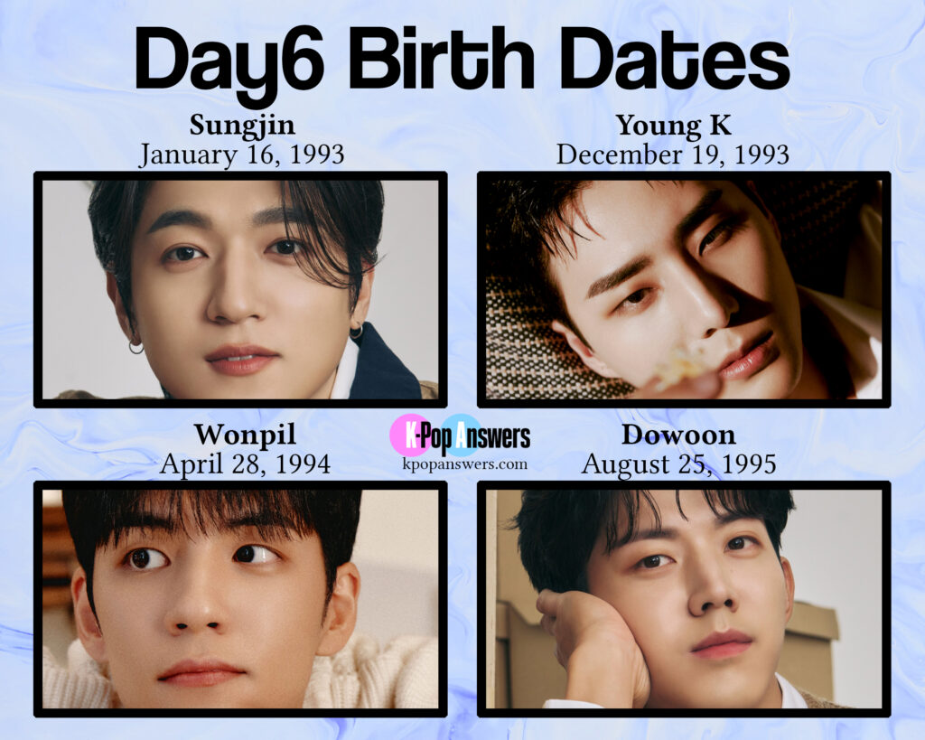 how old are the Day6 members age birthday birth date Sungjin Young K Wonpil Dowoon Jae Junhyeok JYP Entertainment K-pop rock band boy group